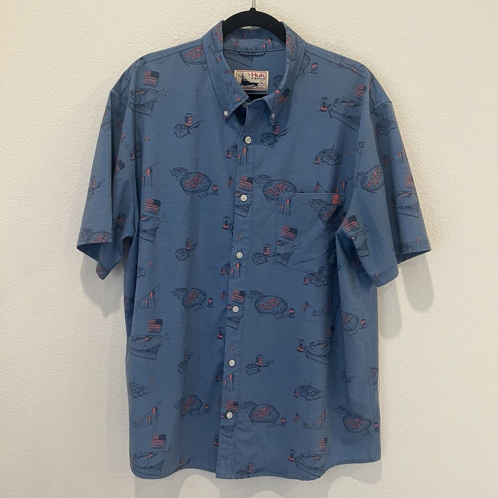 Huk Mens Kona Button Down Shirt XL Americookin Print UPF 30 Casual Fishing